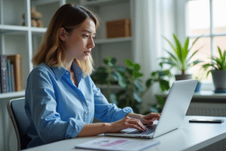 Jeune femme concentrée devant un ordinateur avec alerte ransomware