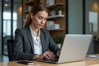 Femme d affaires connectant un disque dur externe sécurisé
