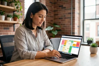 Femme utilisant un outil collaboratif en ligne sur un ordinateur portable dans un espace de co-working moderne