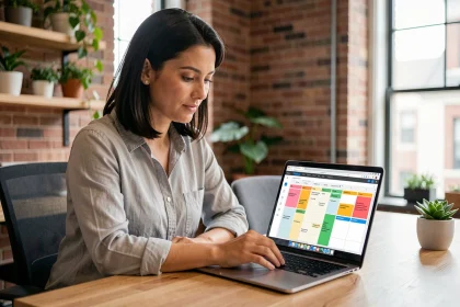 Femme utilisant un outil collaboratif en ligne sur un ordinateur portable dans un espace de co-working moderne