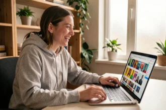 Jeune femme qui rit devant son ordinateur en parcourant des mèmes sur une interface de partage rapide