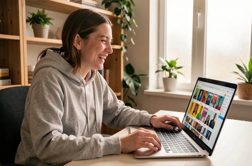Jeune femme qui rit devant son ordinateur en parcourant des mèmes sur une interface de partage rapide