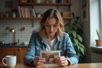 Jeune femme examine une photo floue dans un intérieur cosy