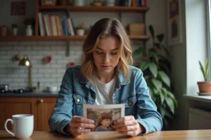 Jeune femme examine une photo floue dans un intérieur cosy