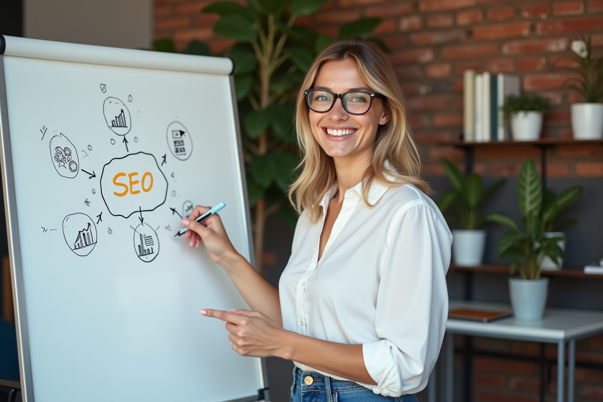 Femme souriante expliquant des diagrammes SEO en coworking