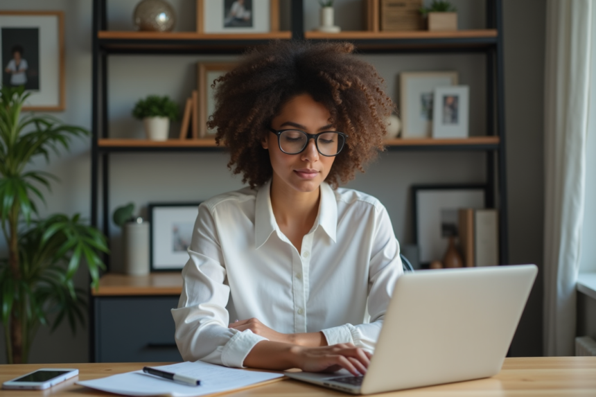 Femme professionnelle en train de mettre à jour un antivirus sur son ordinateur