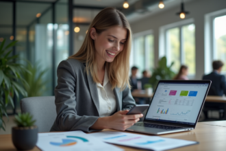 Jeune femme d'affaires utilisant une tablette pour automatiser