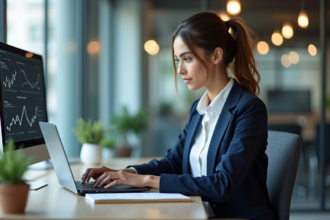 Jeune femme en bureau moderne travaillant sur un ordinateur