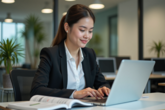 Jeune femme professionnelle travaillant sur son ordinateur dans un bureau moderne