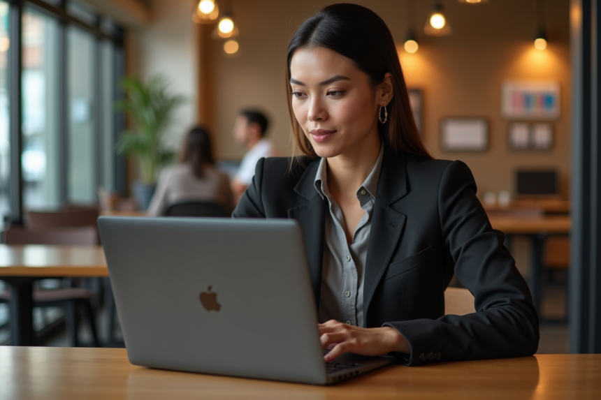 Femme en blazer concentrée sur son ordinateur dans un espace coworking