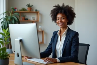 Femme professionnelle gérant un site internet multilingue depuis son bureau moderne avec interface web en plusieurs langues visible à l'écran