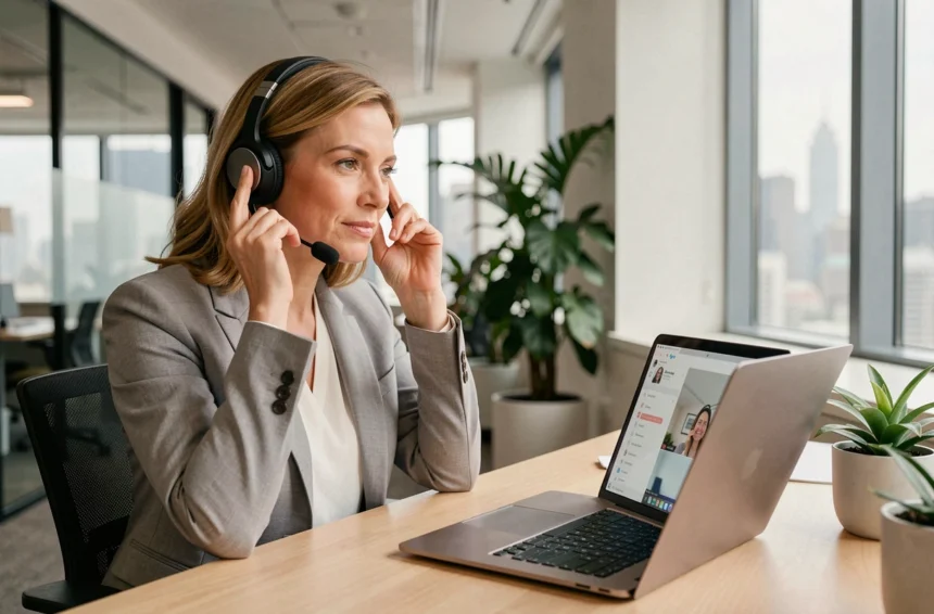 Femme professionnelle utilisant Skype sur ordinateur portable dans un bureau moderne avec casque audio