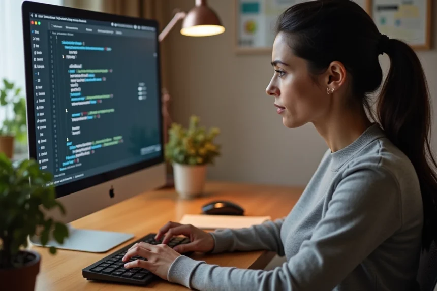 Femme en pull gris configurant des raccourcis clavier flèche sur un ordinateur de bureau dans un home office moderne
