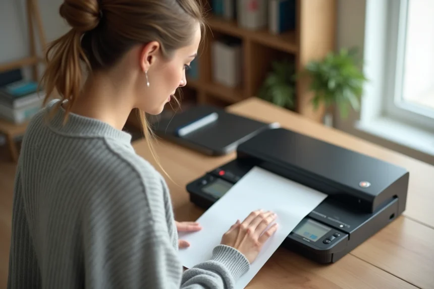 Femme utilisant un scanner de bureau pour numériser un document papier dans un bureau à domicile moderne