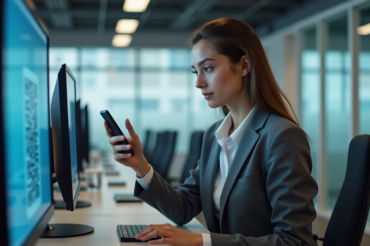 Jeune femme scannant un code QR sur un écran d ordinateur