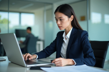 Jeune femme professionnelle saisissant un mot de passe sur son ordinateur