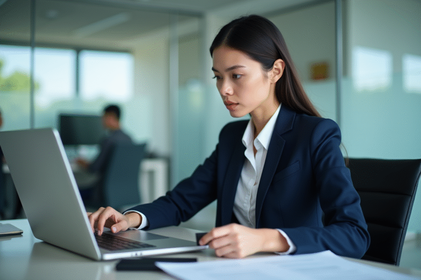 Jeune femme professionnelle saisissant un mot de passe sur son ordinateur