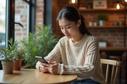 Jeune femme regardant son smartphone dans un café
