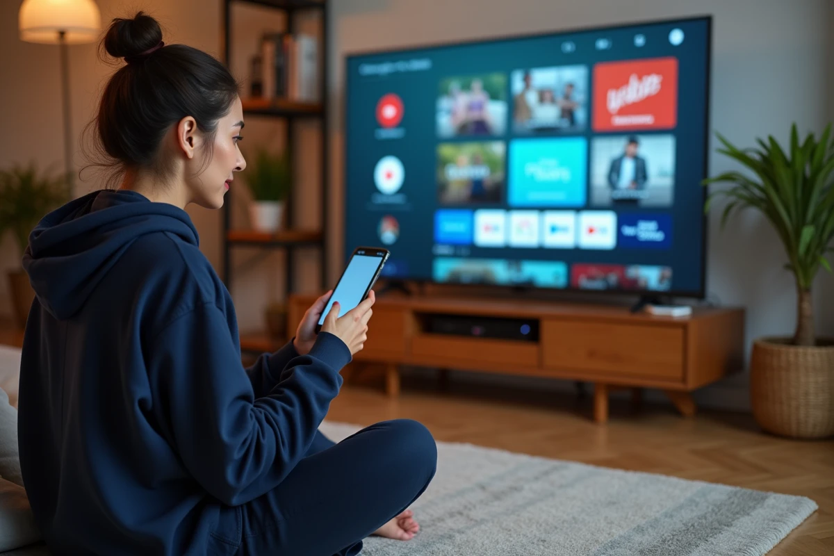 Femme utilisant son smartphone pour diffuser du contenu via Chromecast sur un téléviseur affichant l'interface Google TV