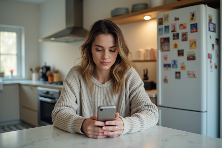 Jeune femme concentrée sur son smartphone dans une cuisine moderne