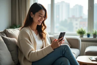 Jeune femme assise sur un canapé avec smartphone dans un salon lumineux