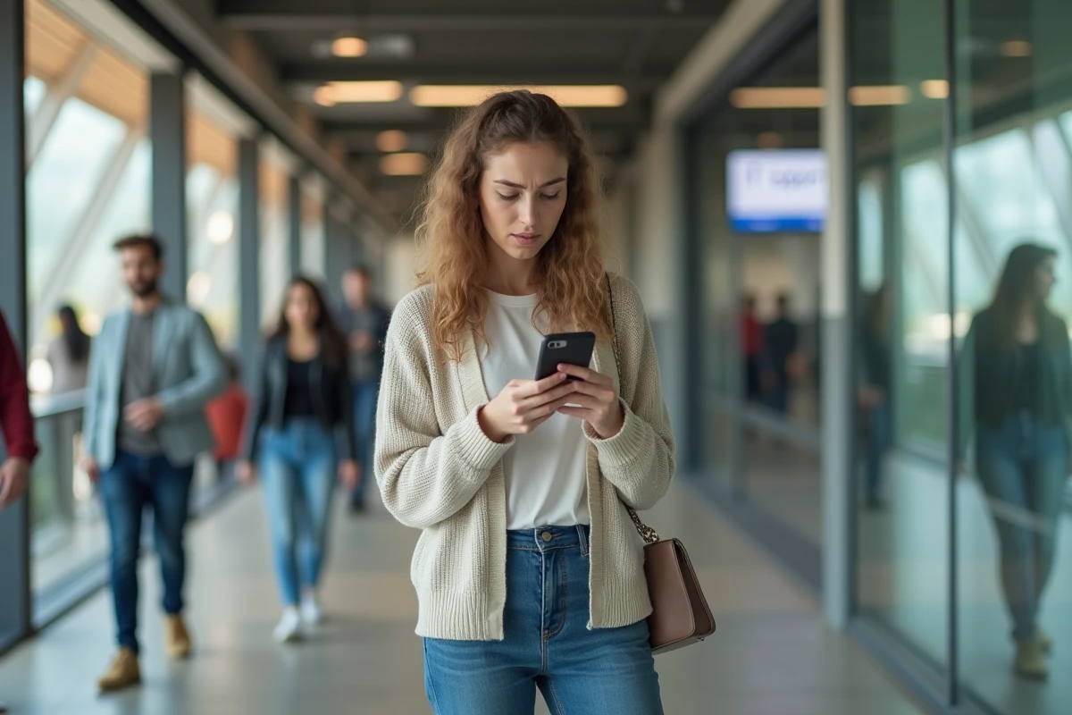 Jeune femme préoccupée vérifiant une page web dans un couloir