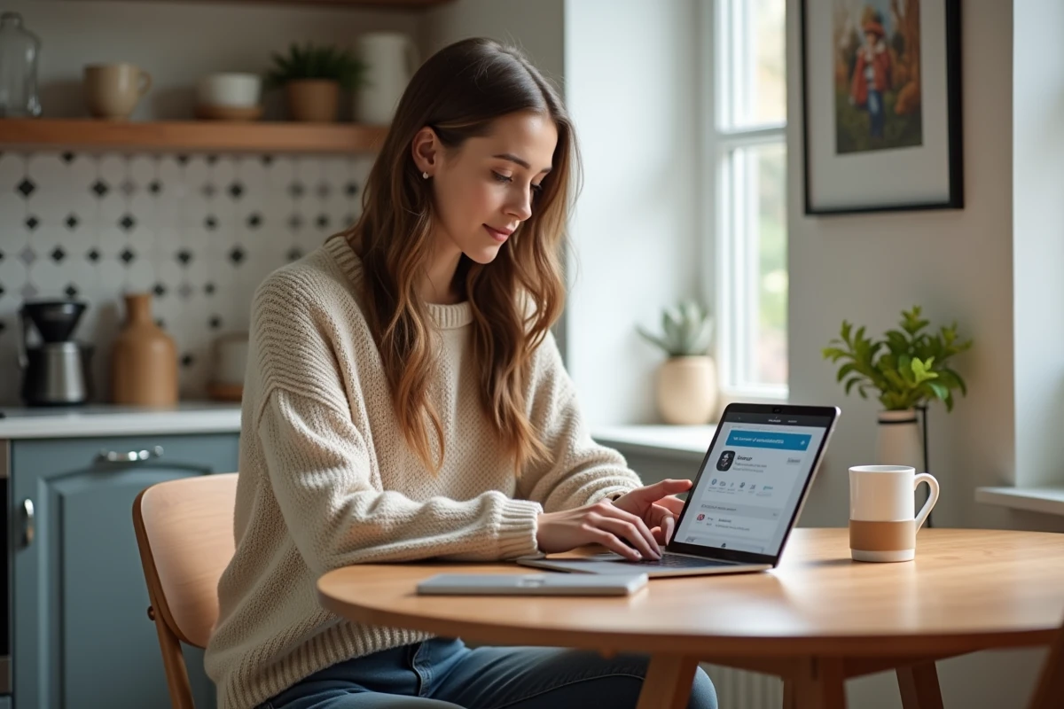 Jeune femme utilisant une tablette dans une cuisine lumineuse