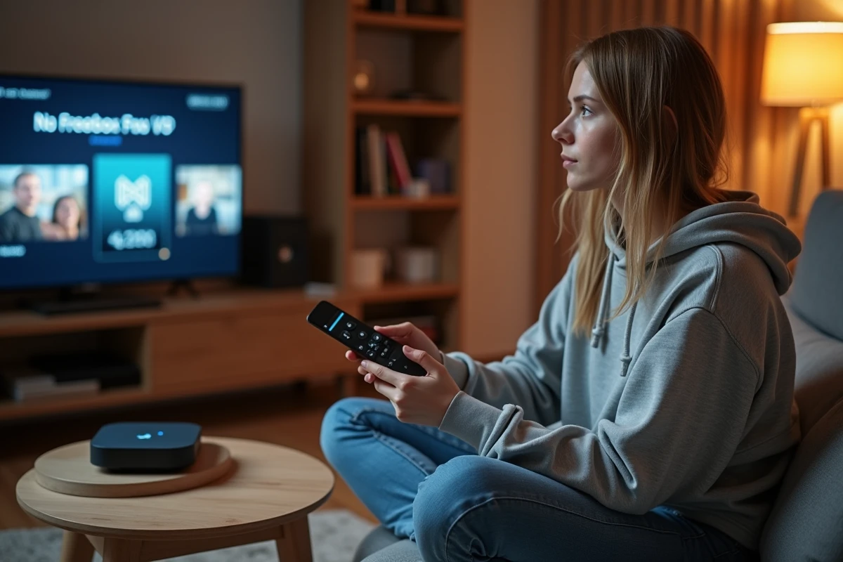 Jeune femme utilisant la télécommande de sa Freebox Pop pour naviguer sur une interface de streaming dans son appartement
