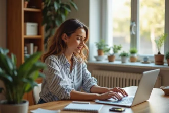 Jeune femme souriante utilisant un ordinateur portable pour son Portail Orange