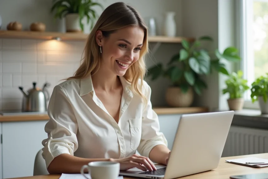 Femme concentrée utilisant son ordinateur dans une cuisine lumineuse