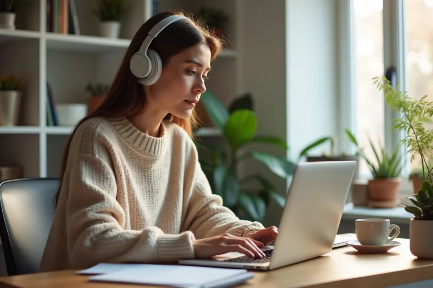 Jeune femme détendue travaillant à domicile avec ordinateur
