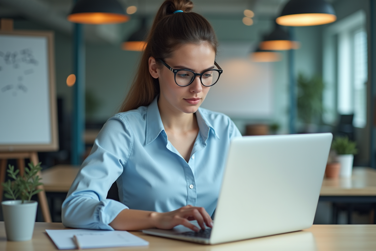 Jeune femme travaillant sur son ordinateur au bureau