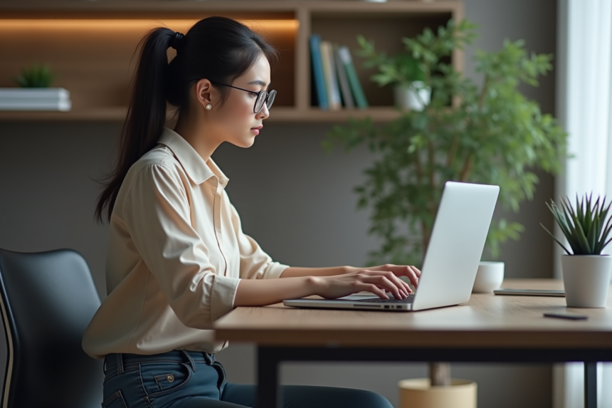 Jeune femme concentrée sur une authentification à l'ordinateur