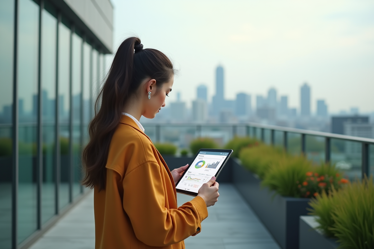 Jeune femme sur toit utilisant tablette SEO