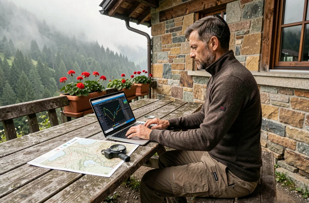Randonneur analysant un fichier GPX sur ordinateur portable en refuge de montagne