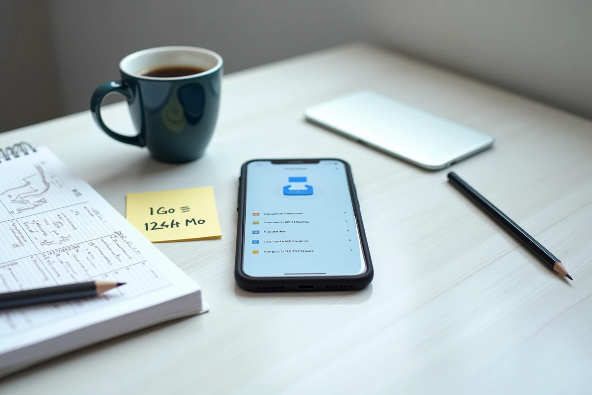 Flat lay d'un bureau avec smartphone affichant des tailles de fichiers en Go et Mo, notes de conversion manuscrites