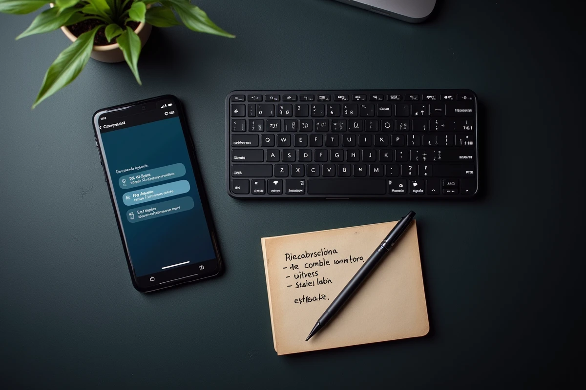 Vue aérienne d'un clavier sans fil et d'un smartphone affichant un menu de configuration de disposition de clavier en français sur un bureau en ardoise sombre