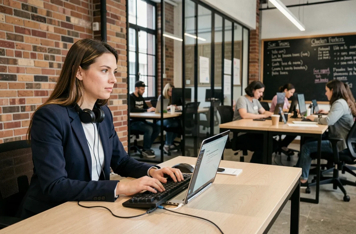 Jeune professionnelle en train d'apprendre Python dans un espace de coworking moderne
