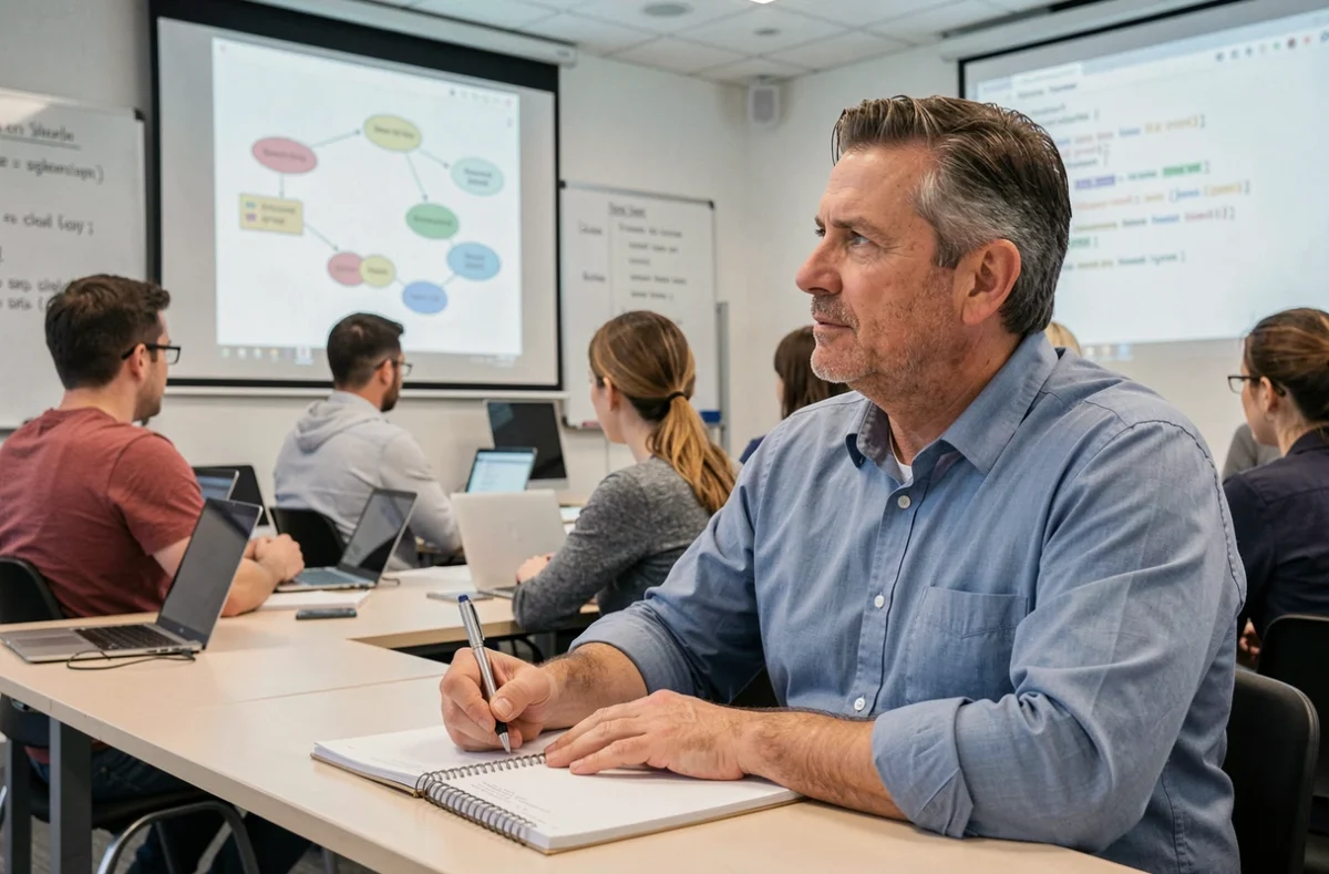 Professionnel adulte suivant une formation Python en salle de cours pour évoluer sur le marché du travail