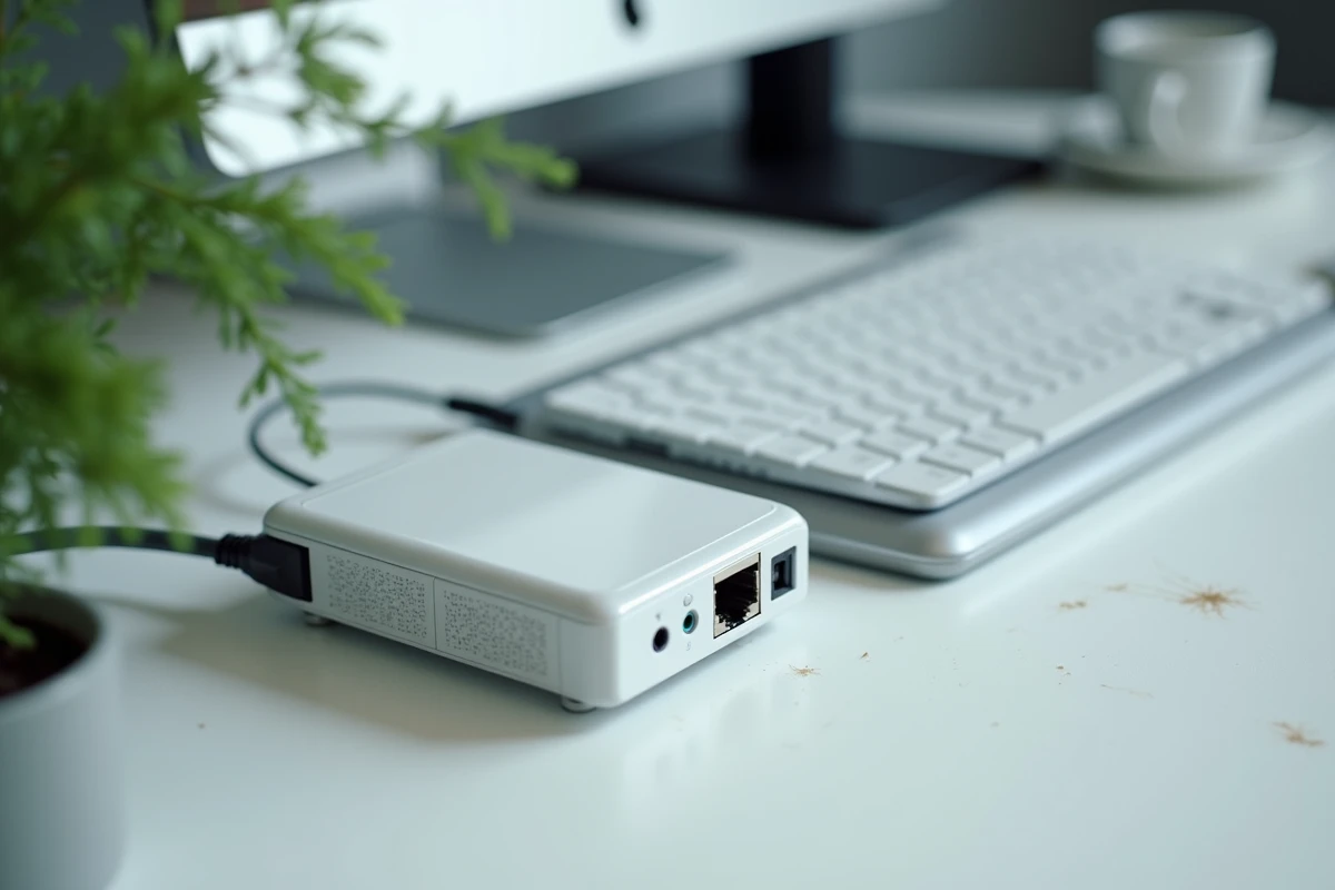 Gros plan sur une Freebox Delta posée sur un bureau blanc avec un modem fibre et des câbles ethernet bien organisés