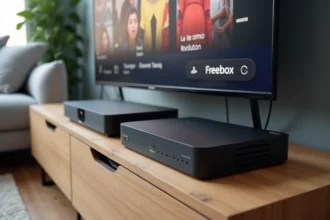 Box internet Freebox Revolution posée sur un meuble TV en bois dans un salon moderne, avec un téléviseur affichant un guide des chaînes