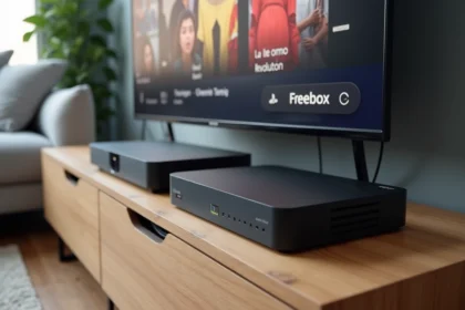 Box internet Freebox Revolution posée sur un meuble TV en bois dans un salon moderne, avec un téléviseur affichant un guide des chaînes