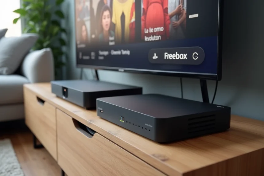 Box internet Freebox Revolution posée sur un meuble TV en bois dans un salon moderne, avec un téléviseur affichant un guide des chaînes