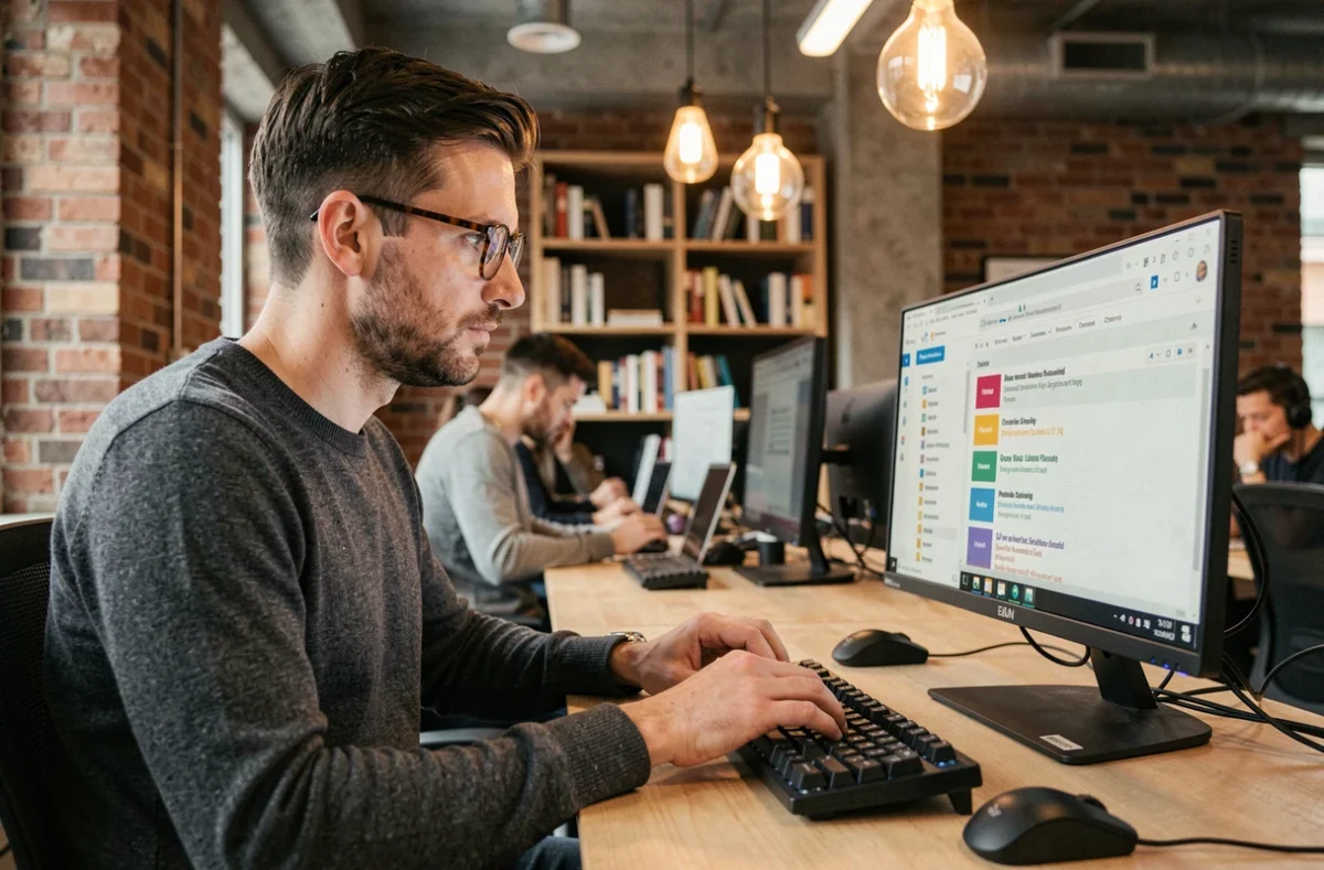 Freelance masculin utilisant une messagerie professionnelle personnalisée dans un espace de coworking moderne