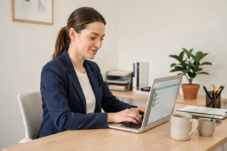 Freelance professionnelle gérant sa messagerie 1and1 sur un ordinateur portable dans un bureau à domicile minimaliste