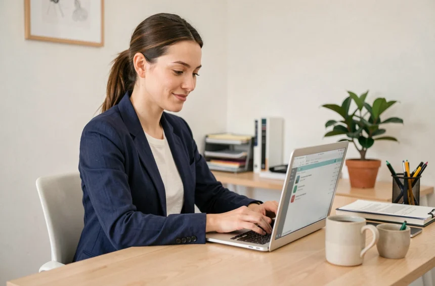 Freelance professionnelle gérant sa messagerie 1and1 sur un ordinateur portable dans un bureau à domicile minimaliste