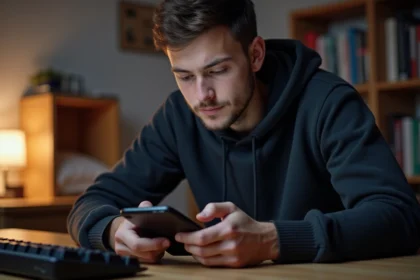Jeune homme concentré jouant à un jeu mobile sur un Google Pixel 8a dans une chambre moderne