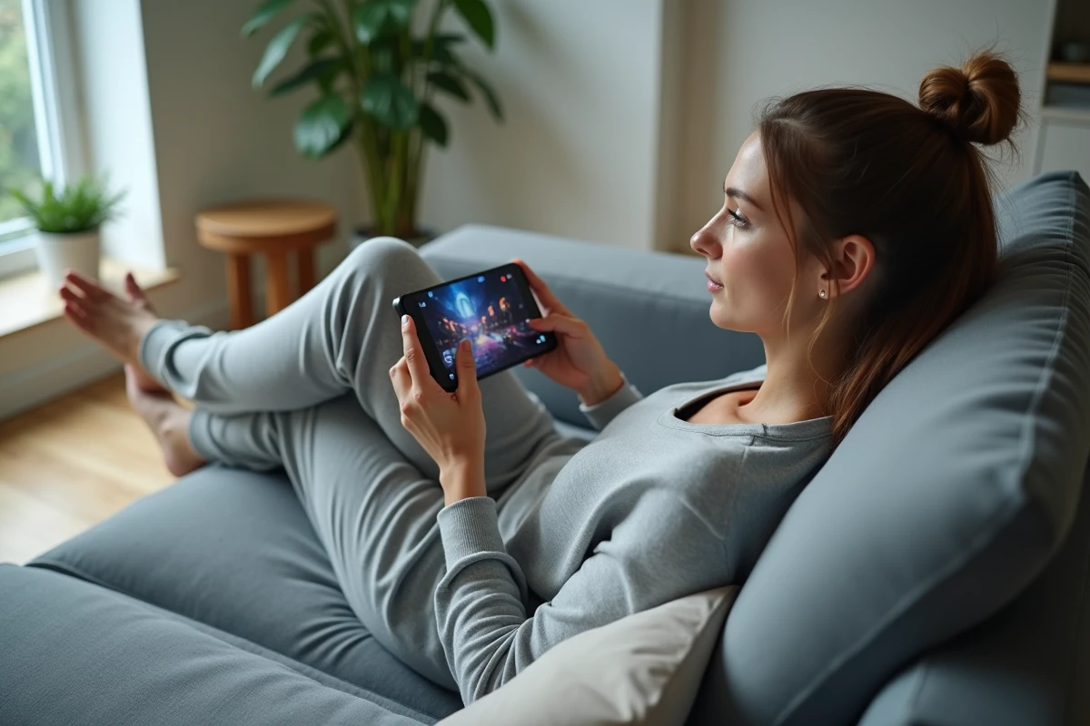 Femme jouant à un jeu vidéo mobile en mode paysage sur Google Pixel 8a dans un salon minimaliste