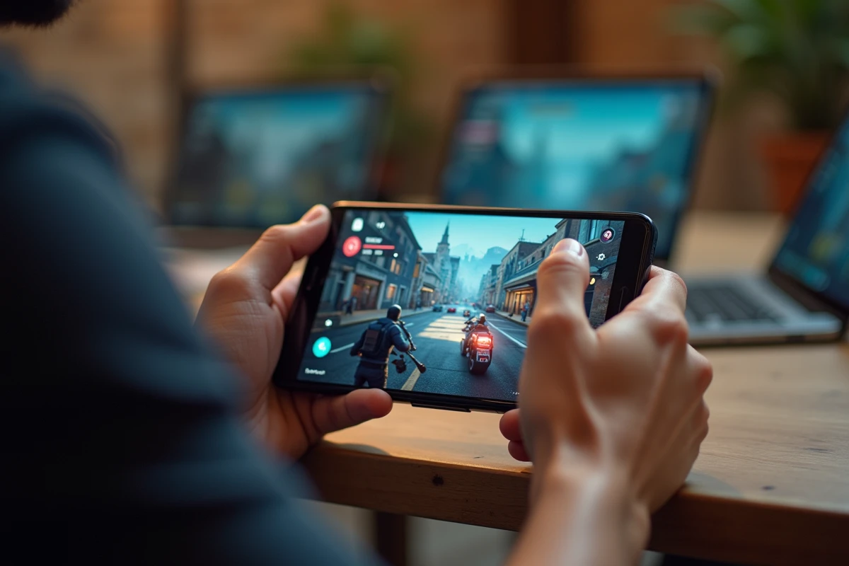 Gros plan sur les mains tenant un Google Pixel 8a affichant un jeu mobile dans un espace de coworking