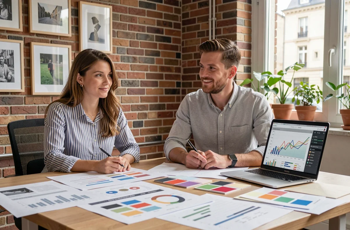 Deux designers de Graphy Studio travaillant sur des maquettes imprimées et un tableau de bord analytique dans leur agence
